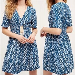 Blue Patterned V-Neck Dress